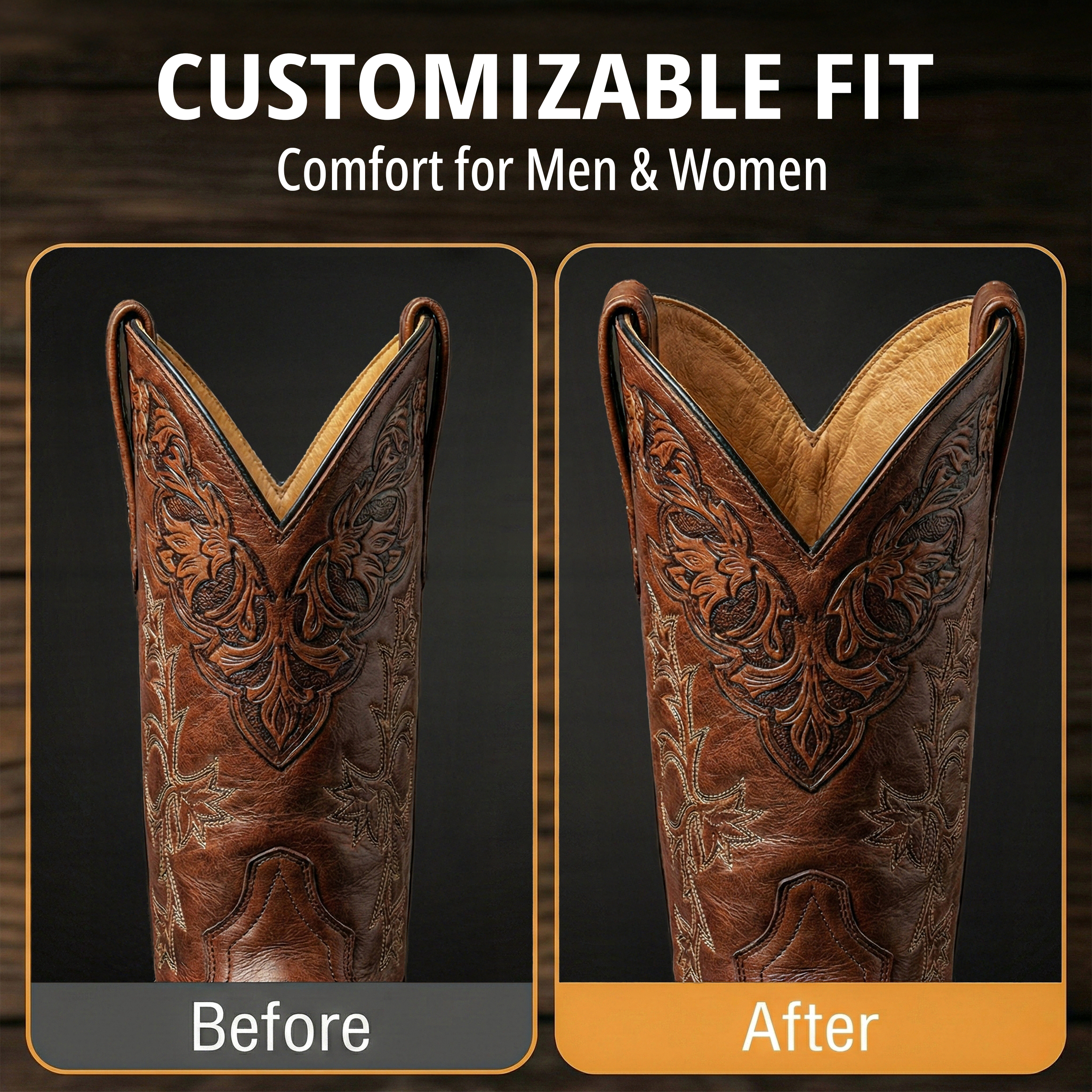 Customizable fit — the same tooled cowboy boot shaft shown before and after stretching, the opening visibly wider on the right