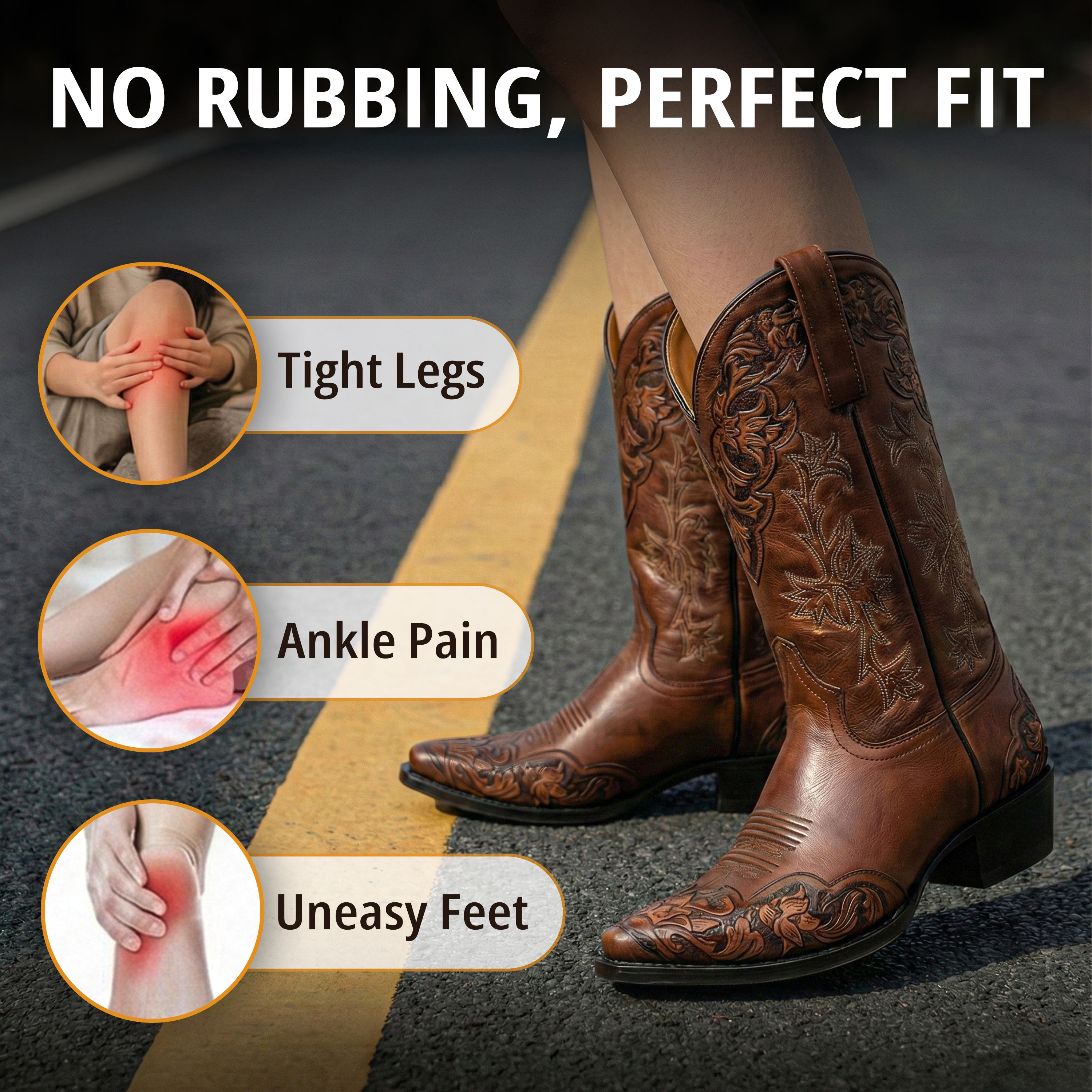 No rubbing, perfect fit — boots worn on a road with three callouts for tight legs, ankle pain and uneasy feet