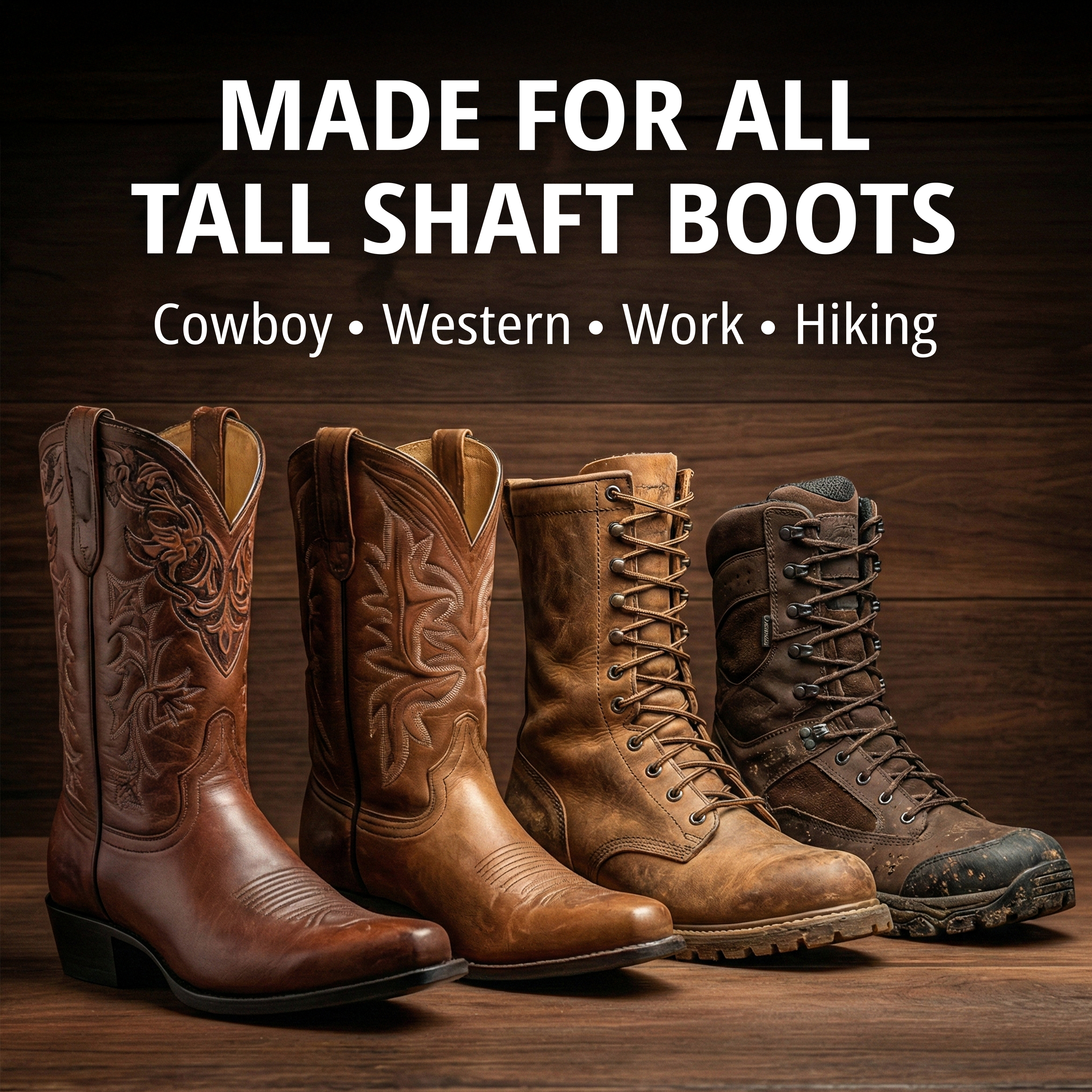 Made for all tall shaft boots — four boots in a row on a wood floor: cowboy, western, work and hiking