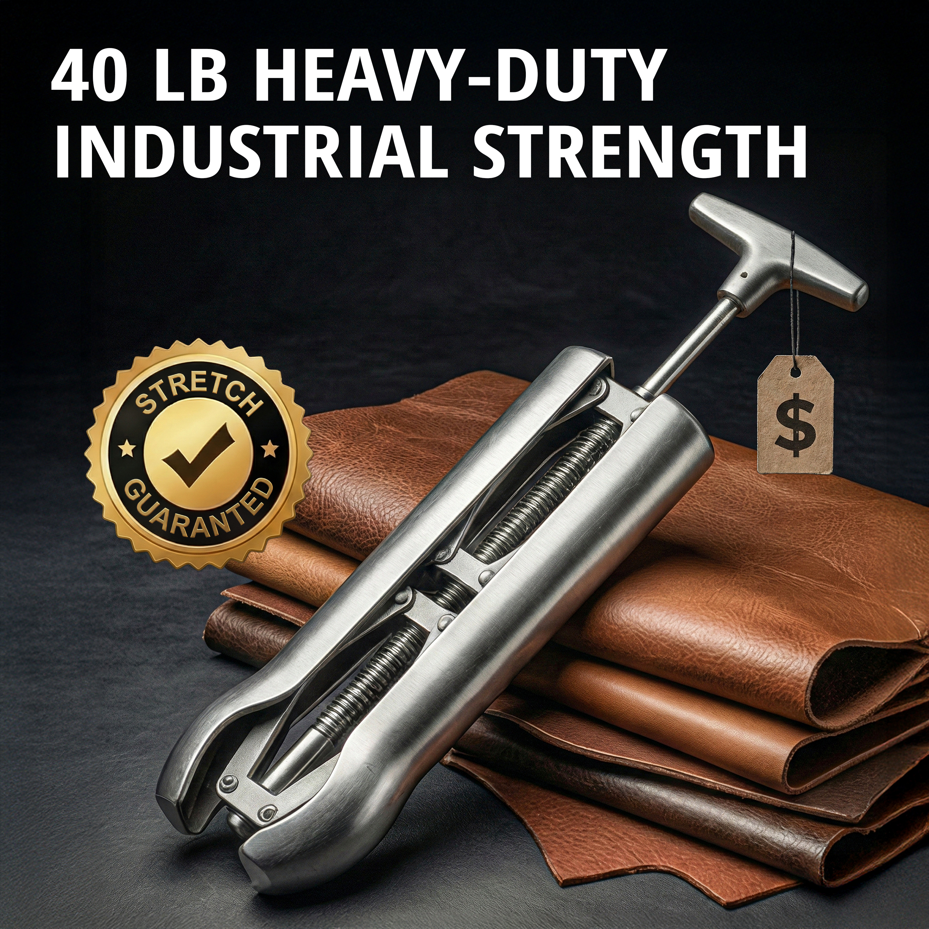 40 lb heavy-duty industrial strength — the steel stretcher resting on folded leather hides beside a gold “Stretch Guaranteed” seal