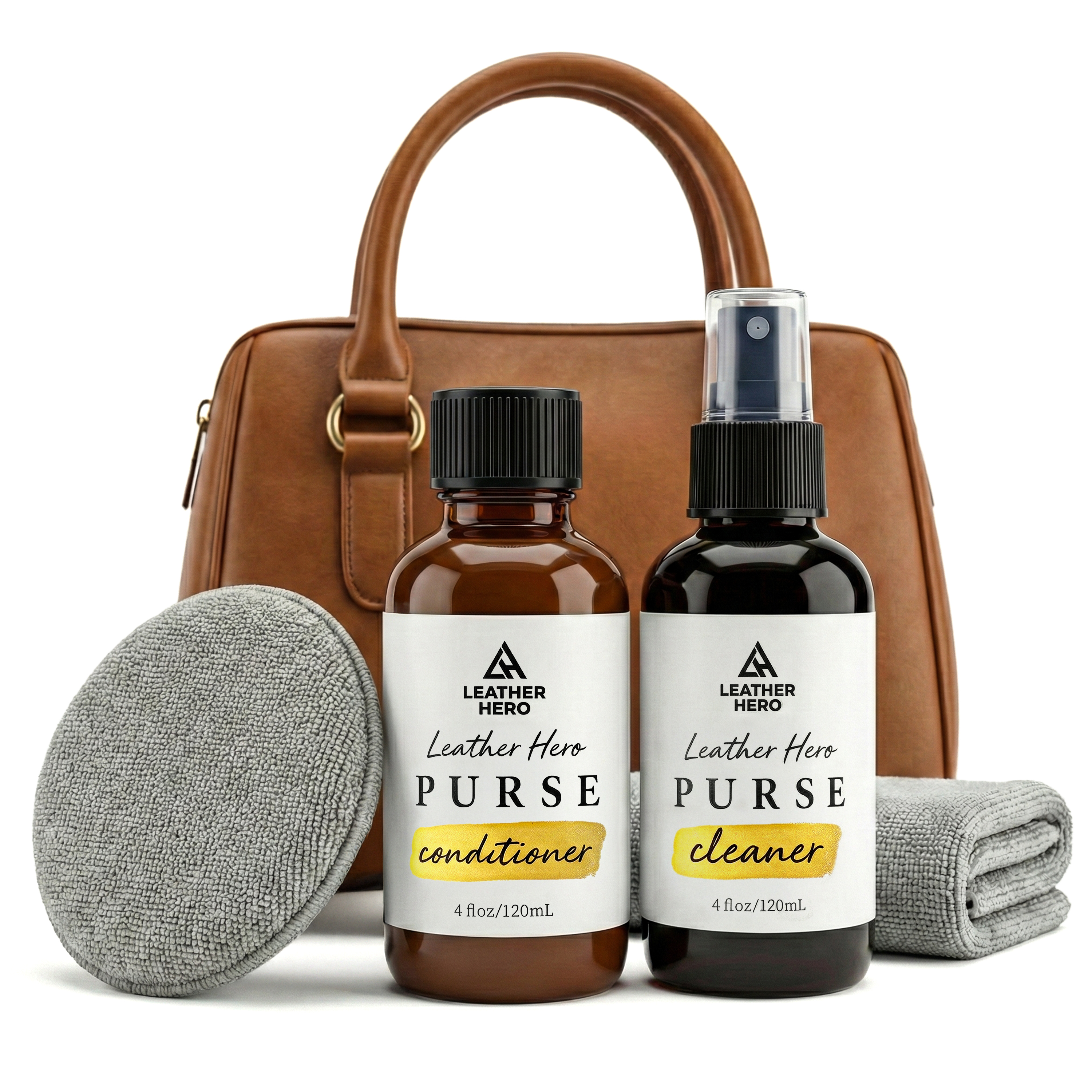 Leather Hero Purse Care Kit main image — cleaner and conditioner bottles, microfiber pad and cloth in front of a tan leather handbag on a white background