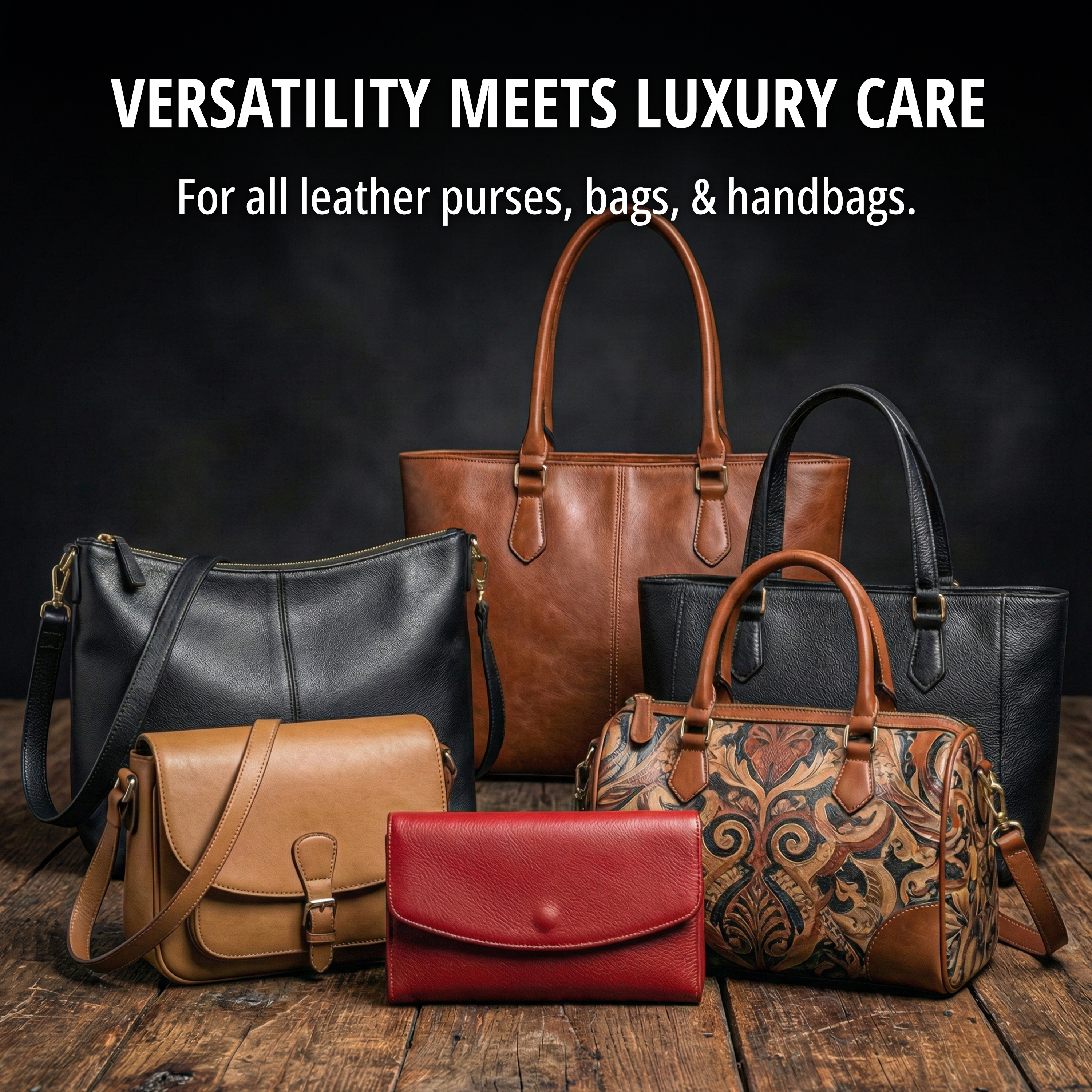 Versatility meets luxury care — a spread of six leather bags including totes, crossbodies, a red clutch and a patterned satchel