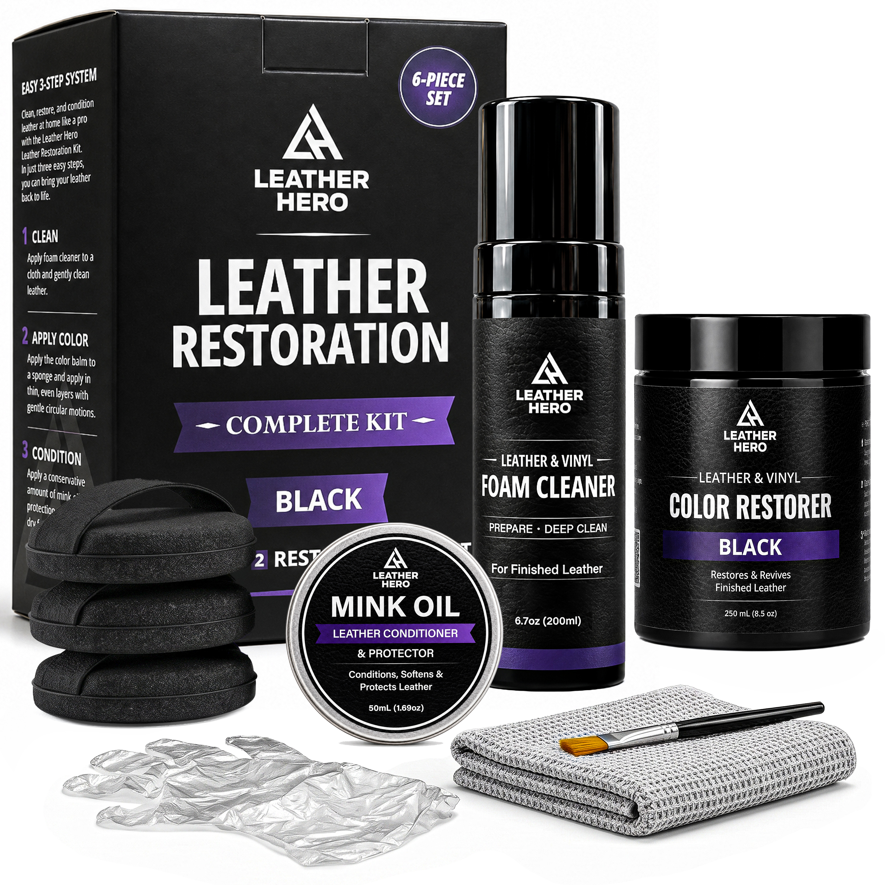 Leather Hero Leather Restoration Kit alternate main image — the same six pieces grouped tightly in front of the box on white