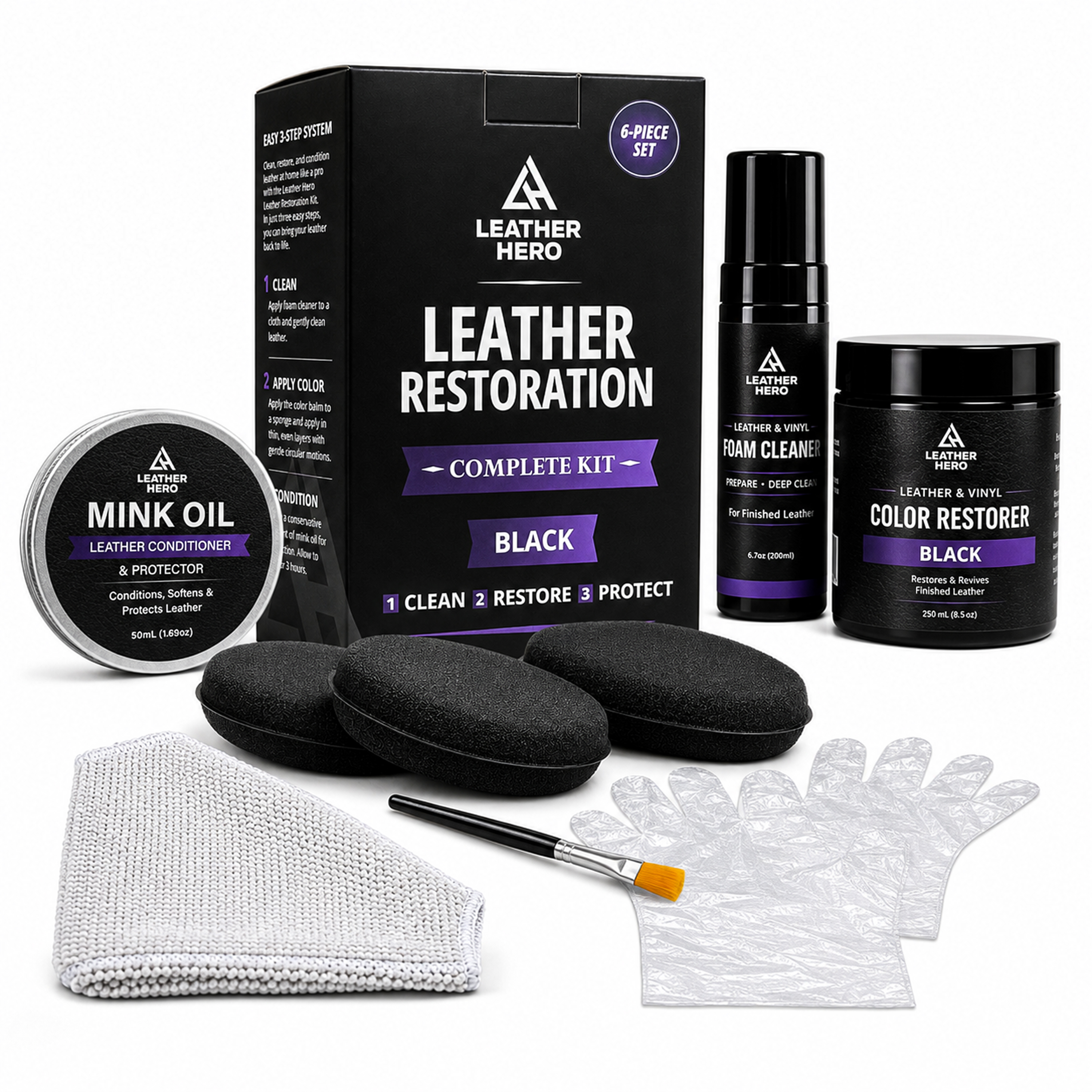 Leather Hero Leather Restoration Complete Kit main image — box, foam cleaner, black color restorer, mink oil tin, three sponges, cloth, brush and gloves laid out on white