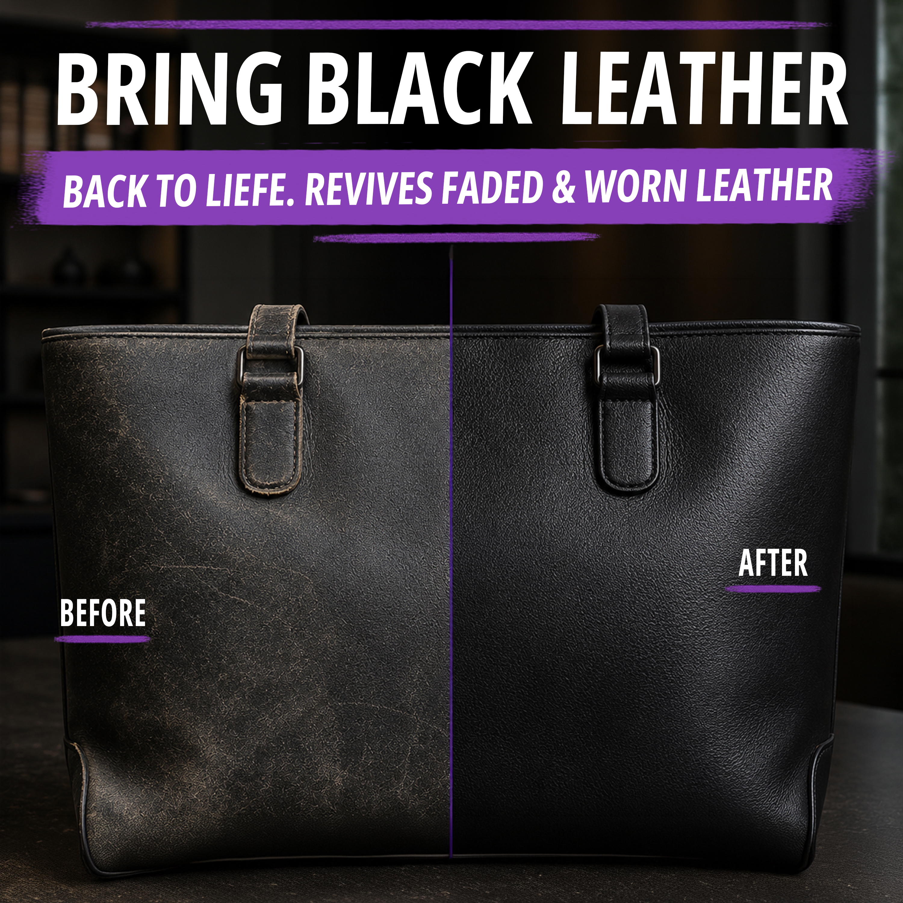 Bring black leather back to life — a black tote bag, scuffed and faded on the left, restored on the right