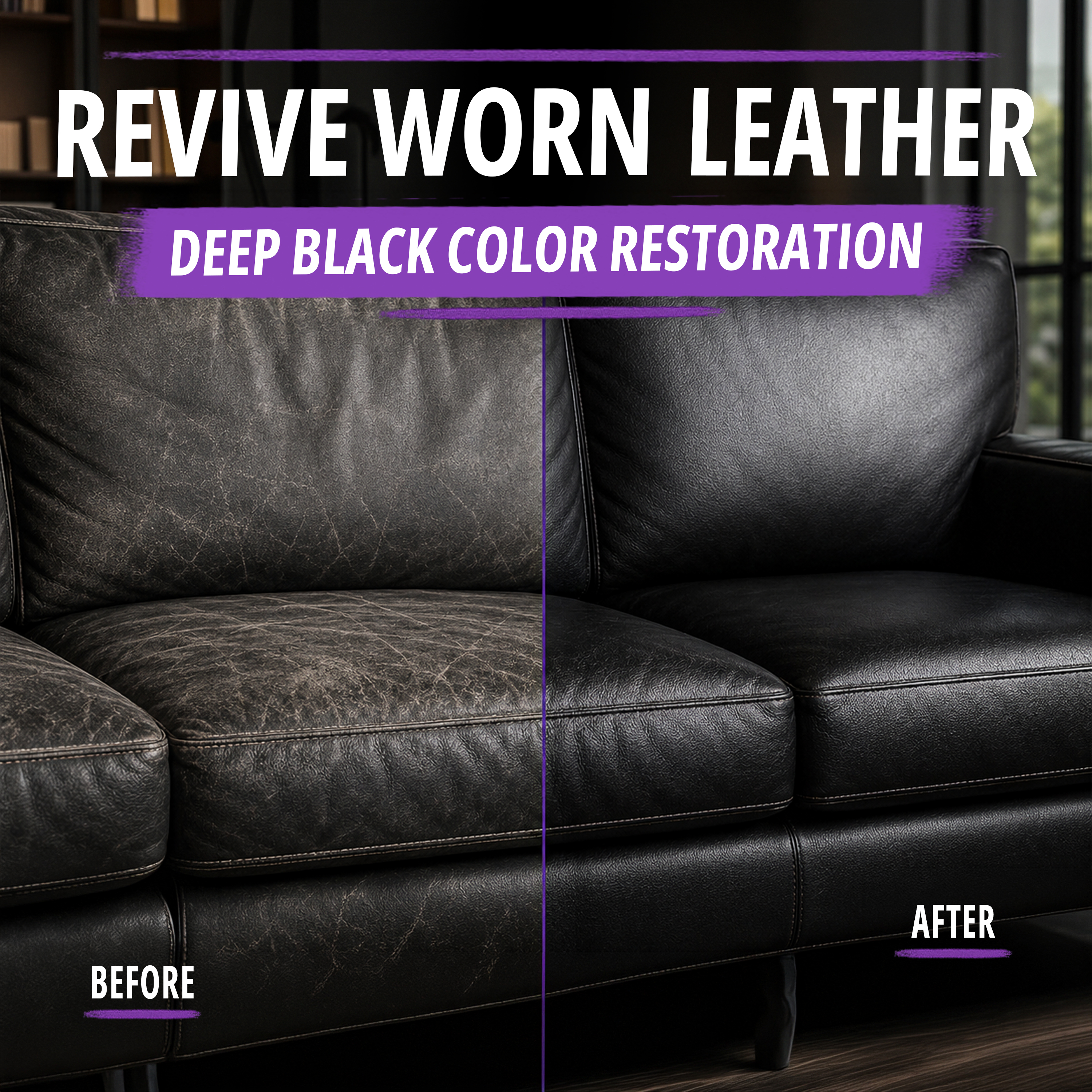 Revive worn leather — a black leather sofa, cracked and faded on the left, restored to deep black on the right