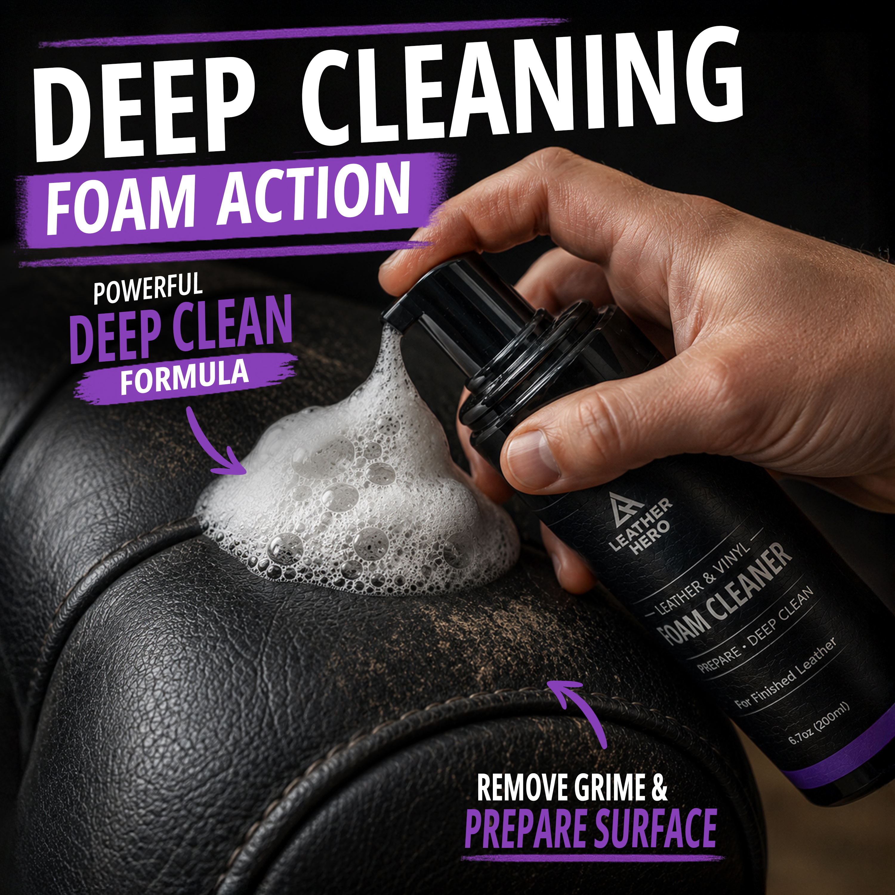 Deep cleaning foam action — a hand pumping foam cleaner onto a worn black leather armrest