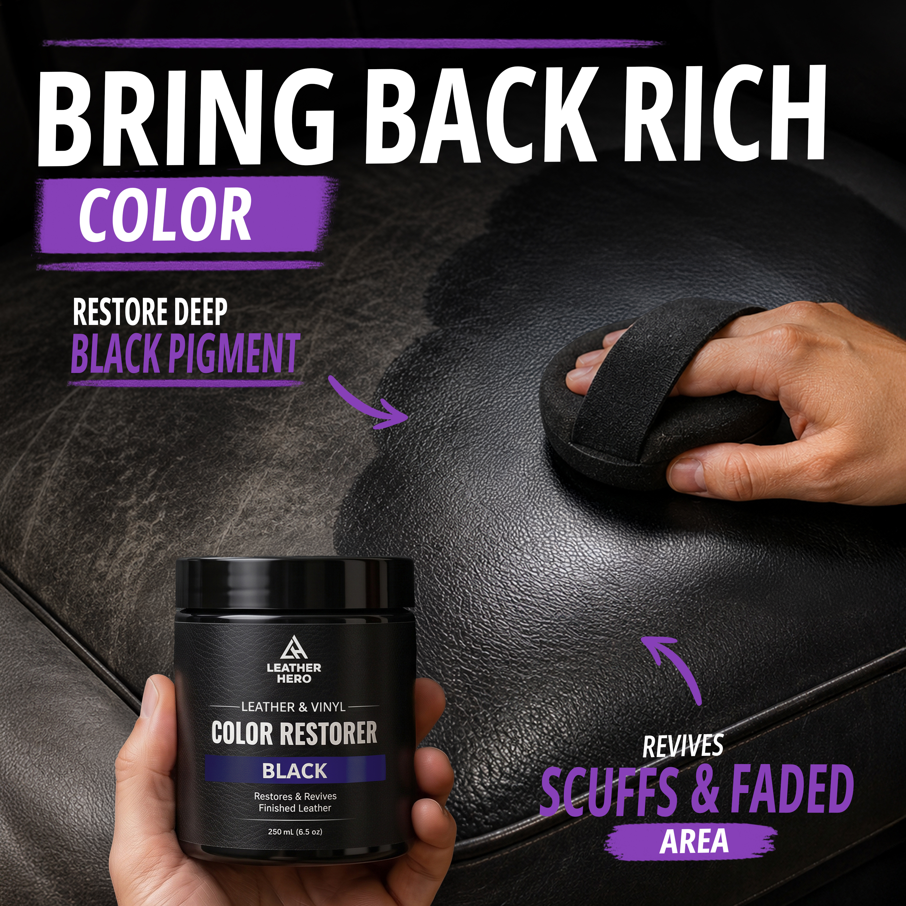 Bring back rich color — a hand applying black color restorer with a sponge, leaving a deep black patch on faded leather
