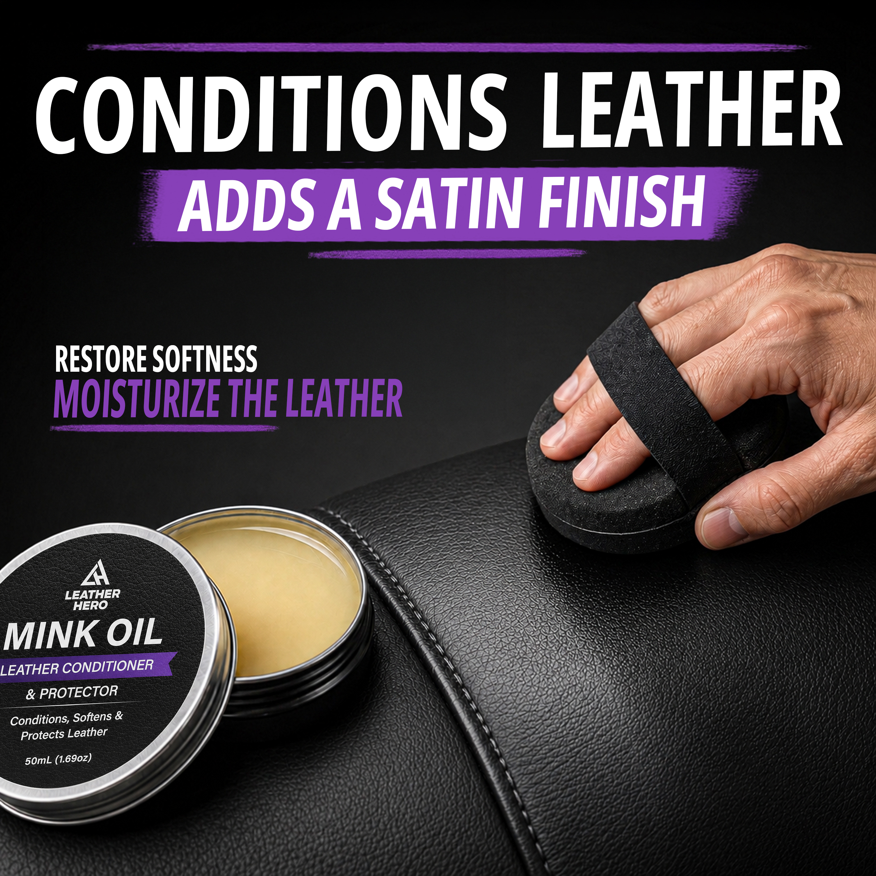Conditions leather and adds a satin finish — an open mink oil tin beside a hand buffing black leather with a sponge