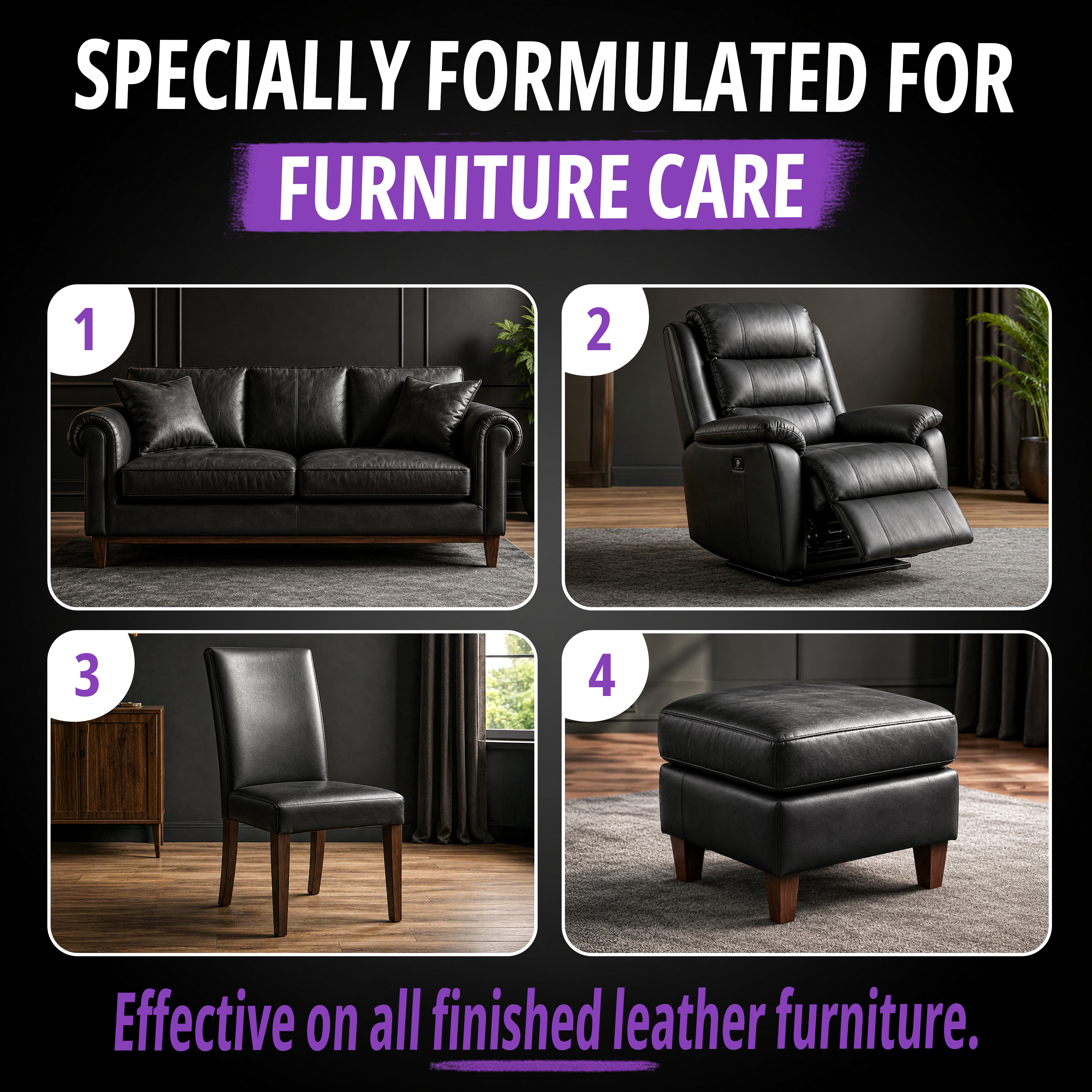 Specially formulated for furniture care — four numbered panels of a black leather sofa, recliner, dining chair and ottoman