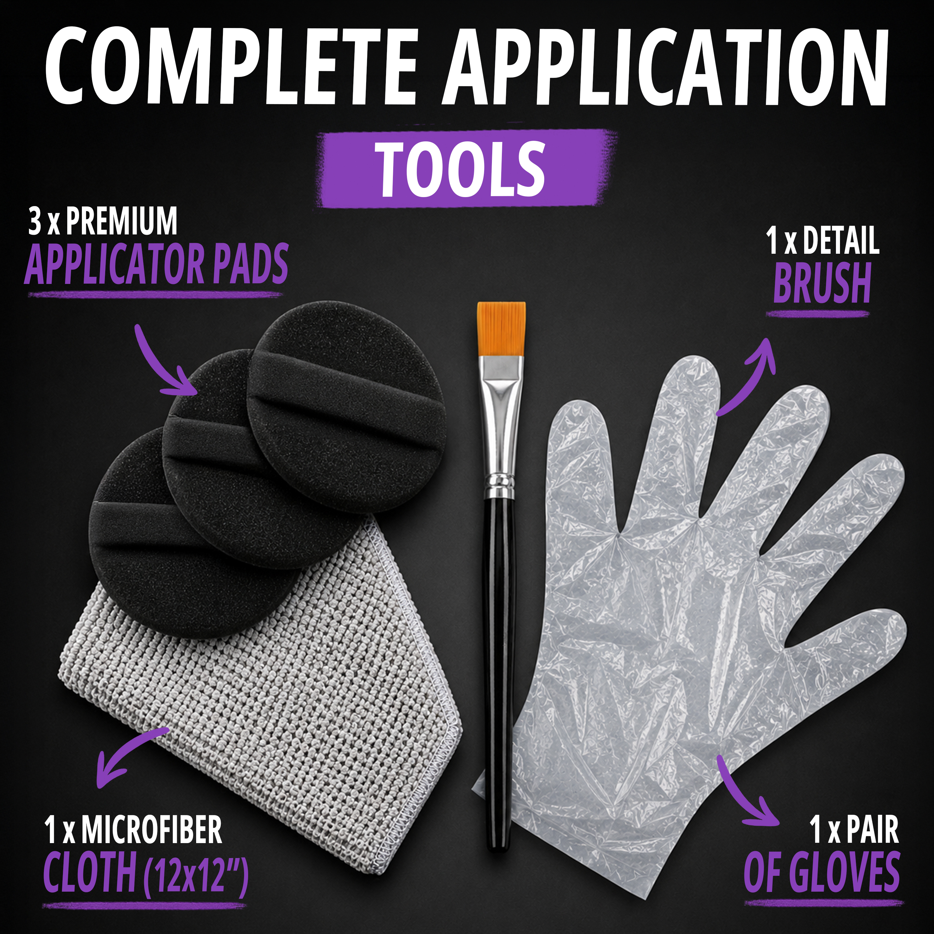Complete application tools — three applicator pads, a microfiber cloth, a detail brush and a pair of gloves, each labelled