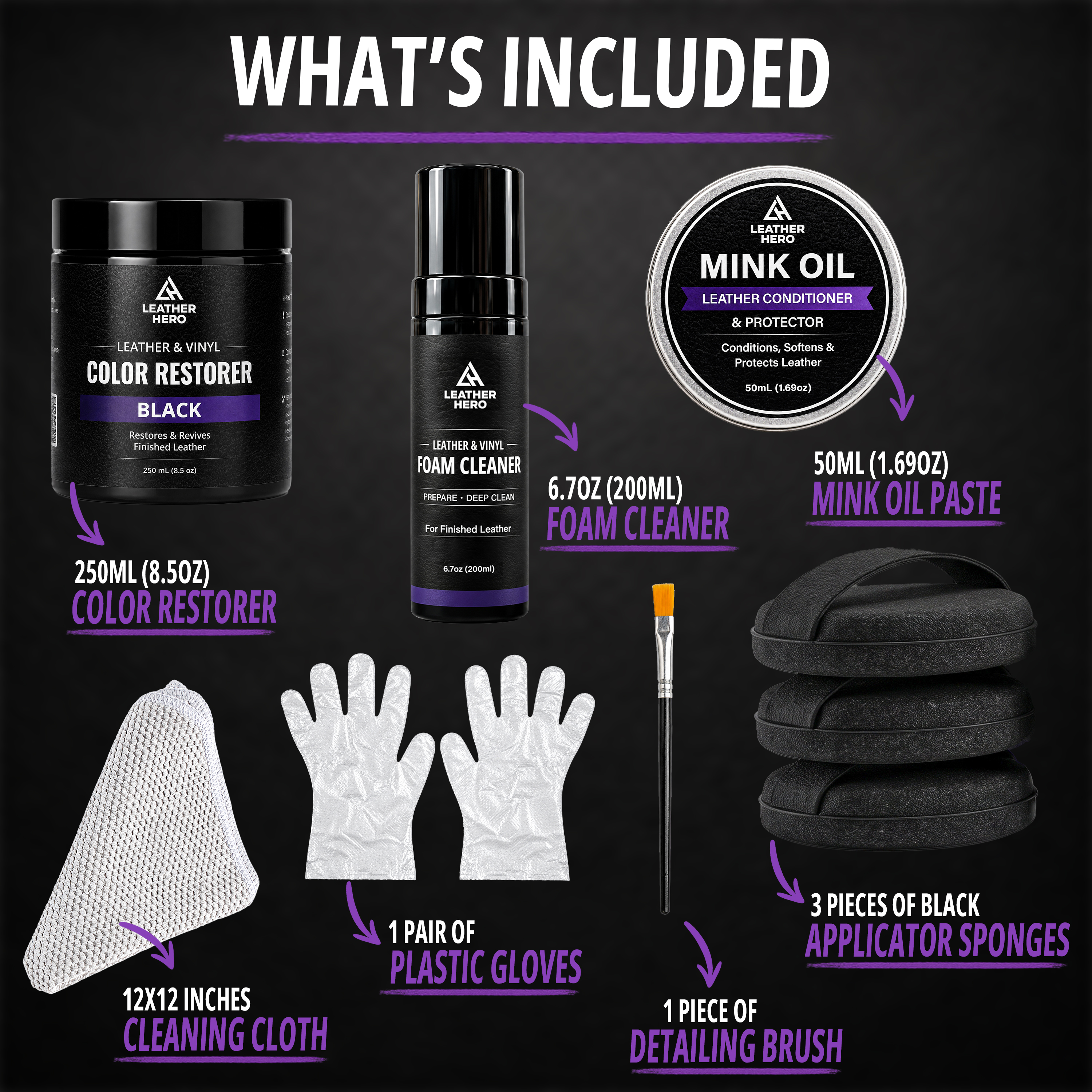 What’s included — color restorer, foam cleaner, mink oil, cloth, gloves, brush and three sponges, each labelled with its size or count