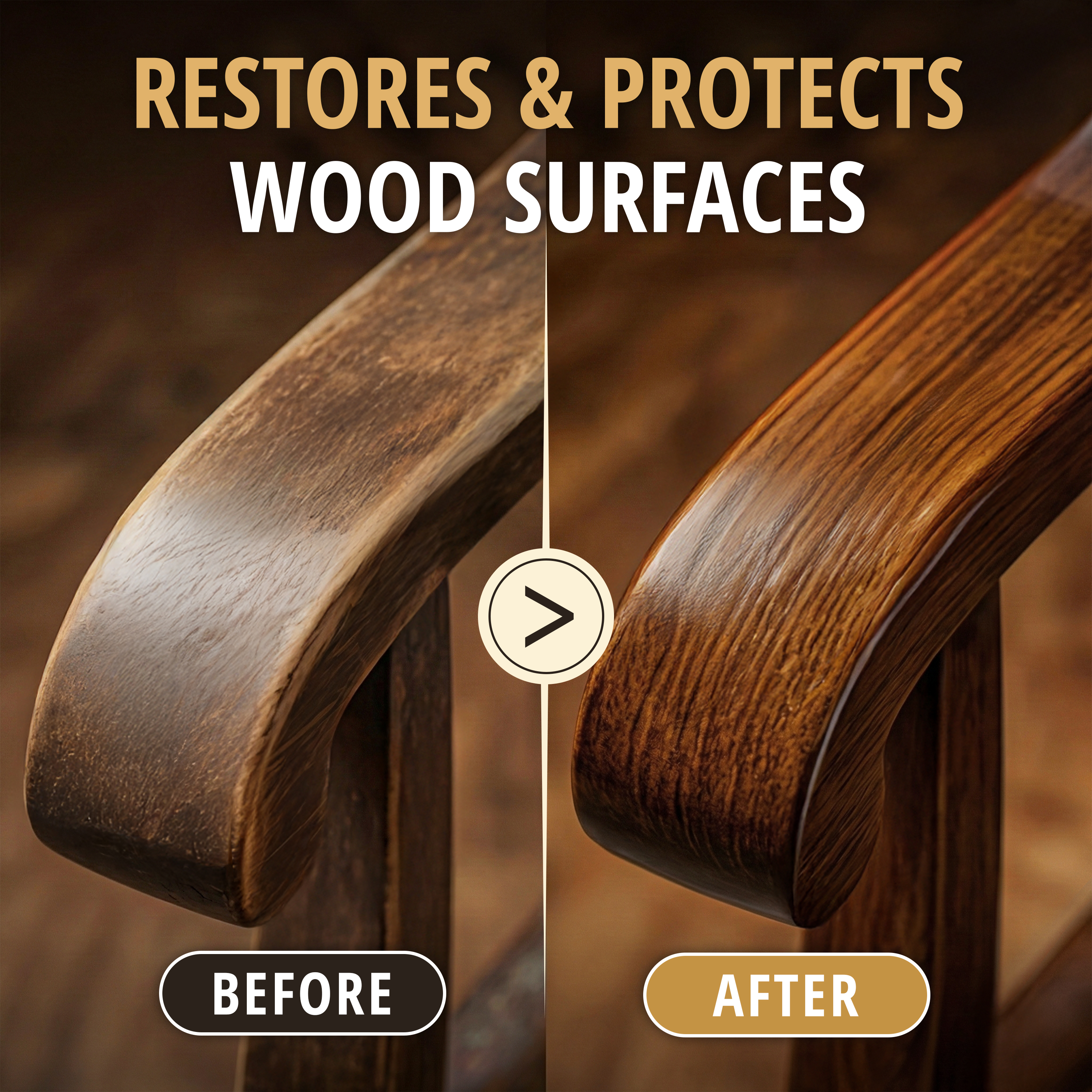 Redesigned sixth image — split before and after of a dried-out wooden chair rail restored to a rich grain