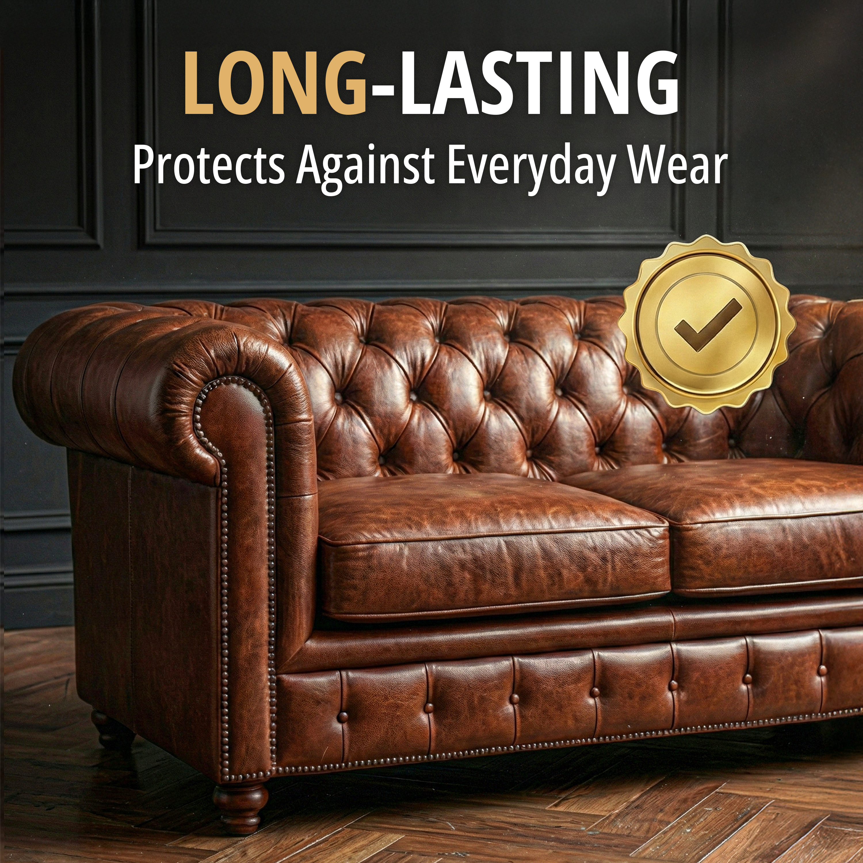 Redesigned ninth image — a restored brown Chesterfield leather sofa in a dark panelled room under a "Long-Lasting" headline