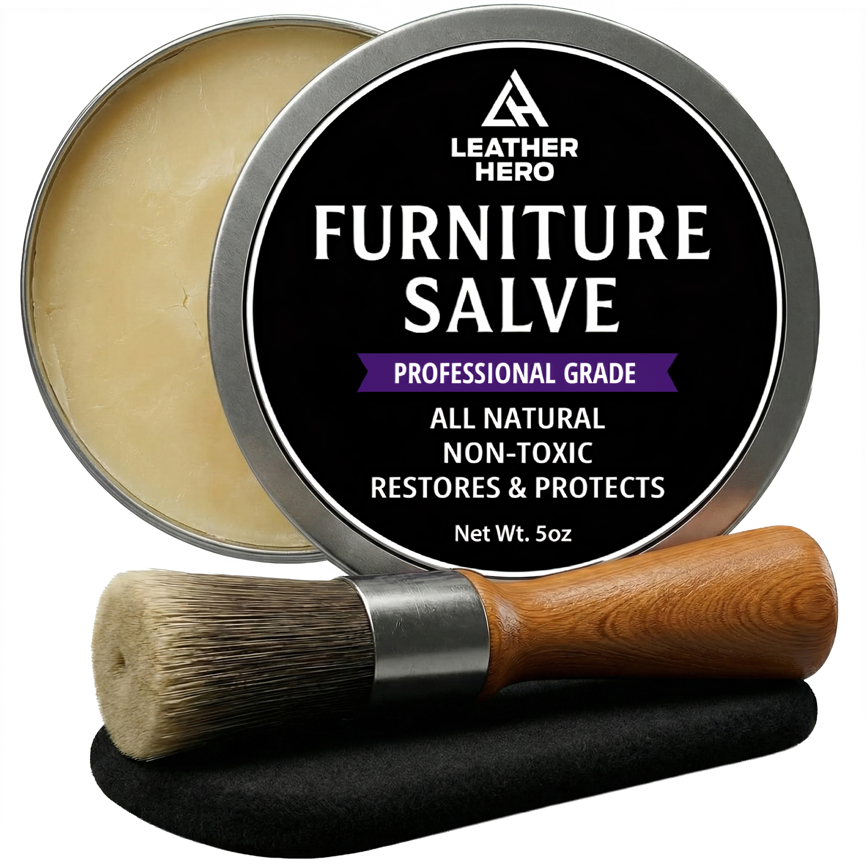 Original Leather Hero Furniture Salve main image — tin, applicator brush and buffing pad on a white background
