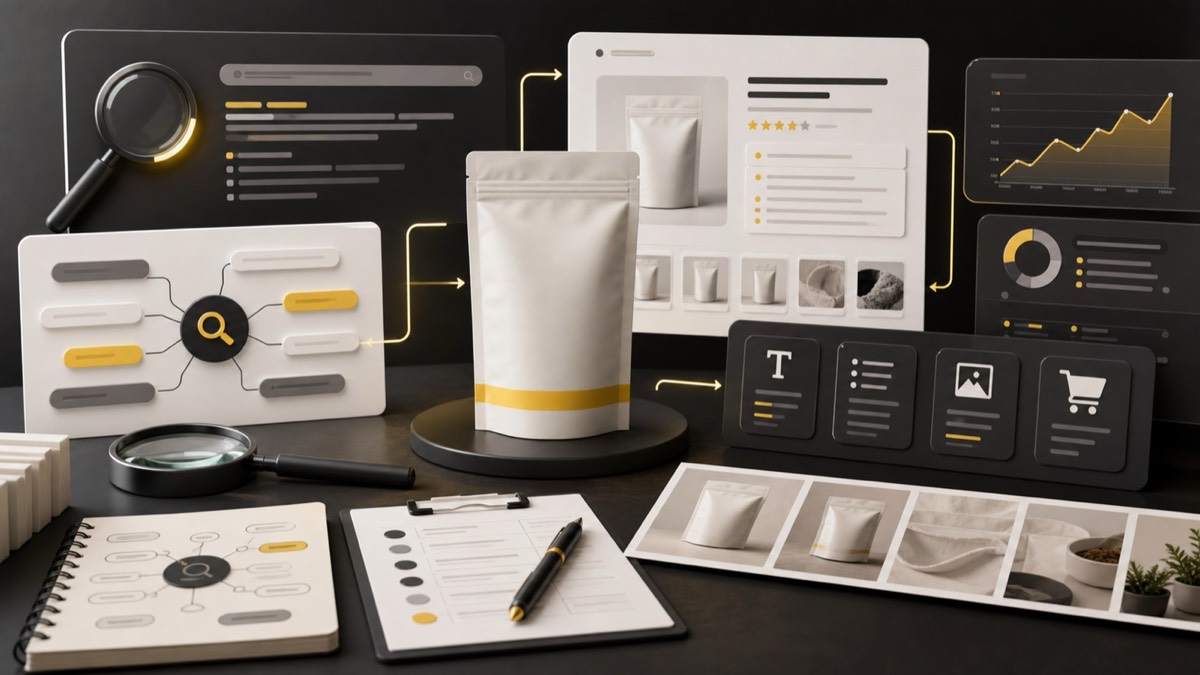 Amazon listing SEO workflow with keyword cards, product images, analytics, and marketplace panels