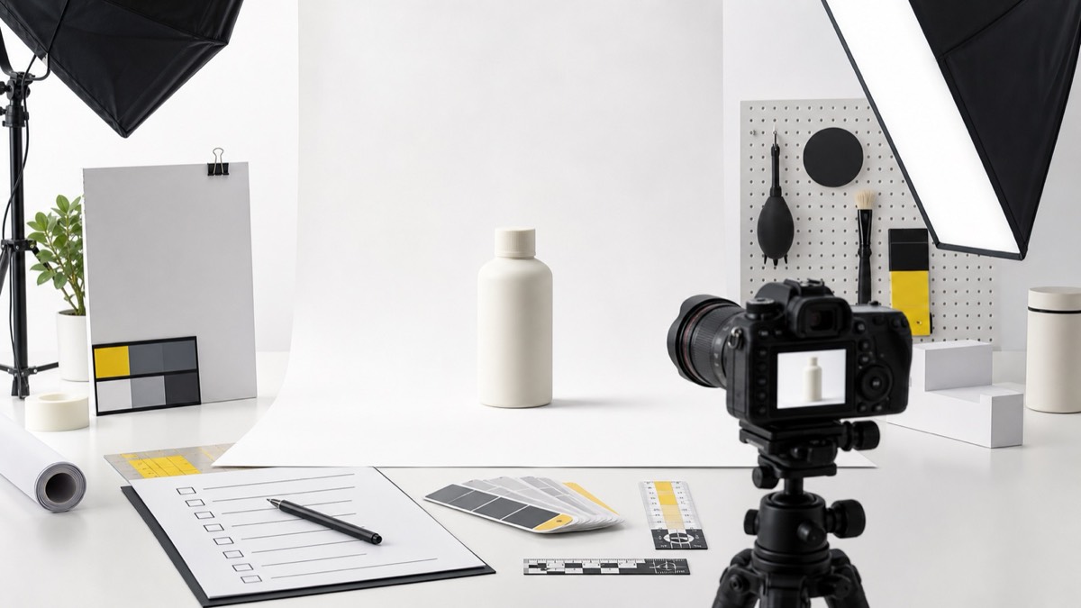 Clean Amazon product photography studio with camera, lighting, white backdrop, and checklist