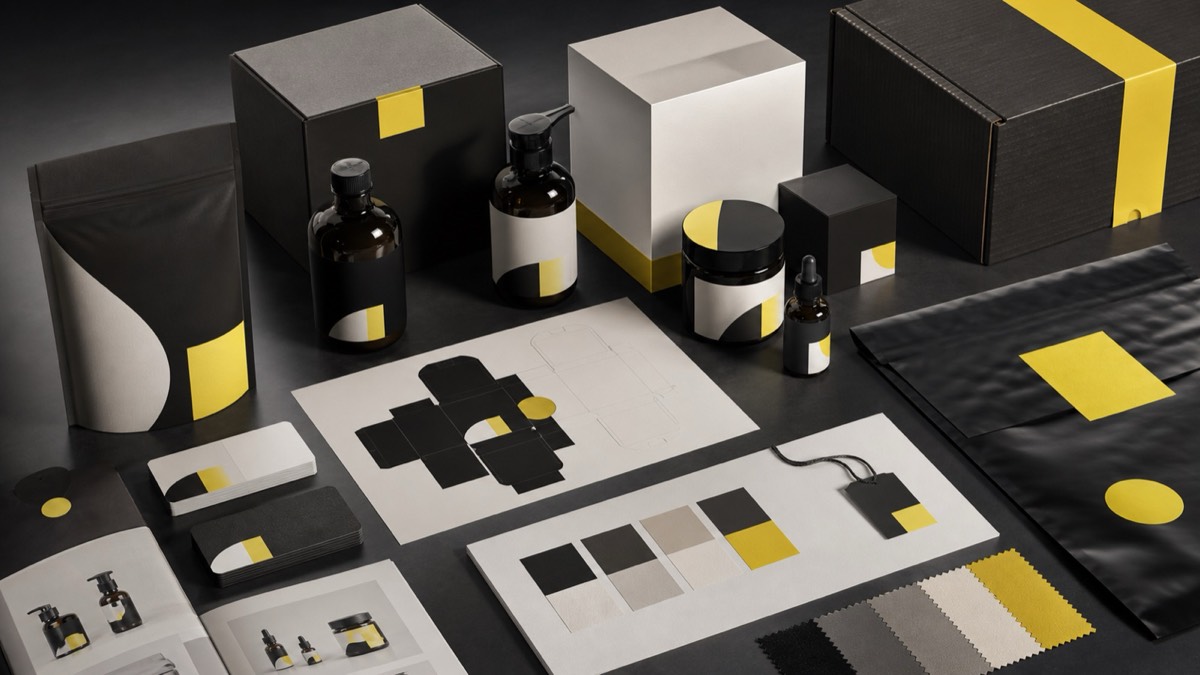 Private label brand identity system with packaging, labels, boxes, color swatches, and dielines