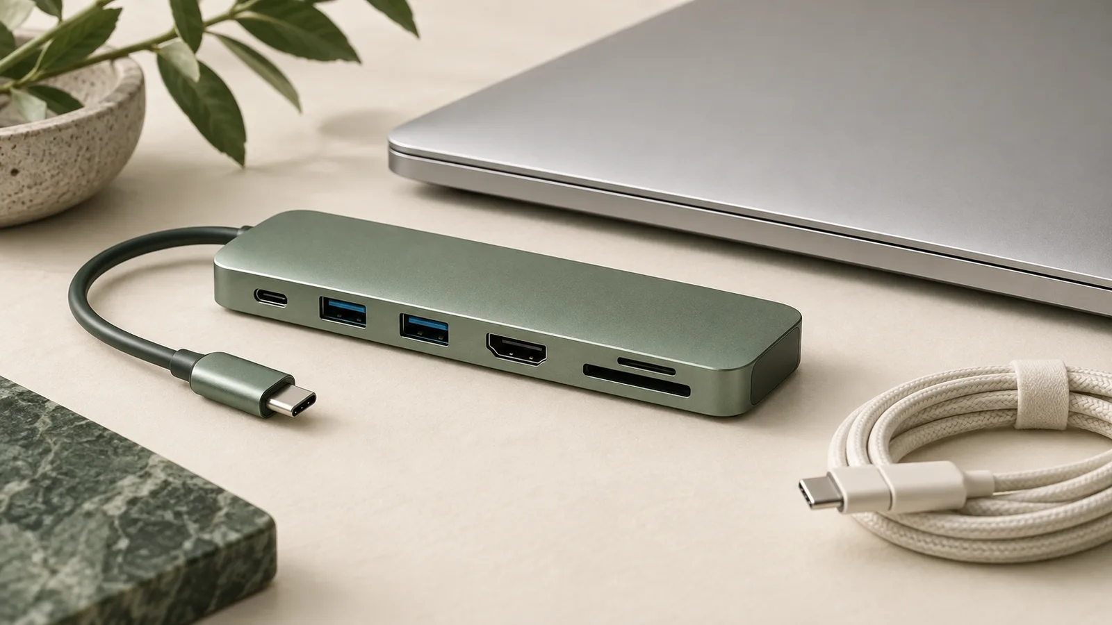 Sage USB-C hub with a connector, coiled cable and closed silver laptop