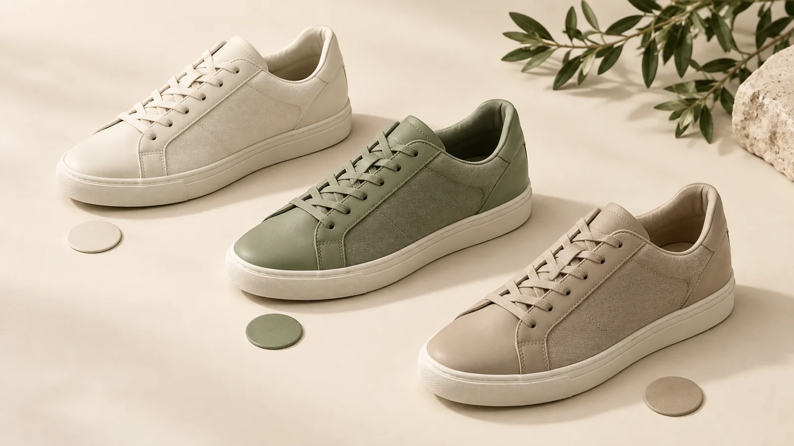 Ivory, sage and sand sneakers with matching color swatches on an ivory background