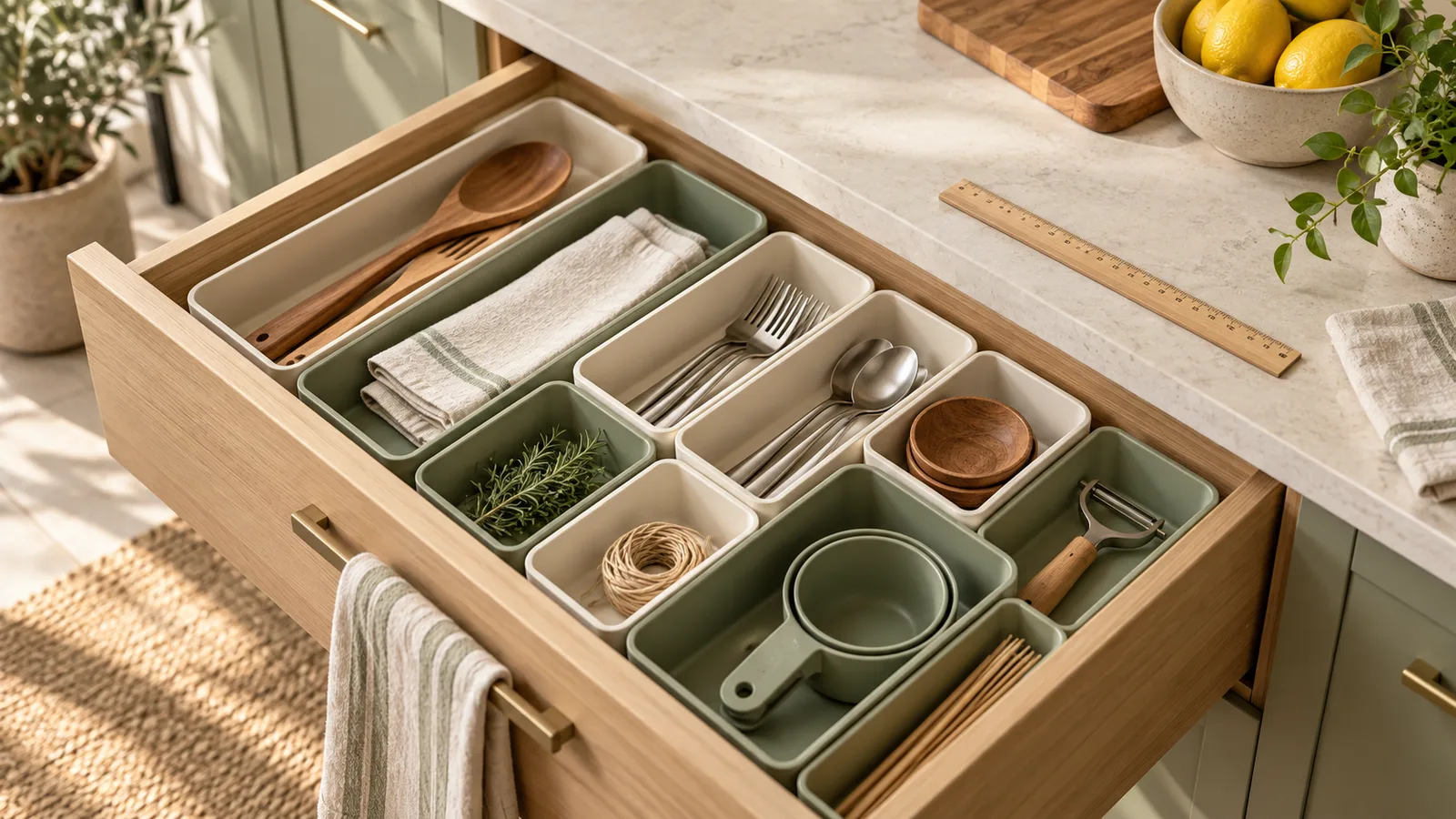 Sage and ivory kitchen drawer organizers beside a wooden ruler on a light countertop