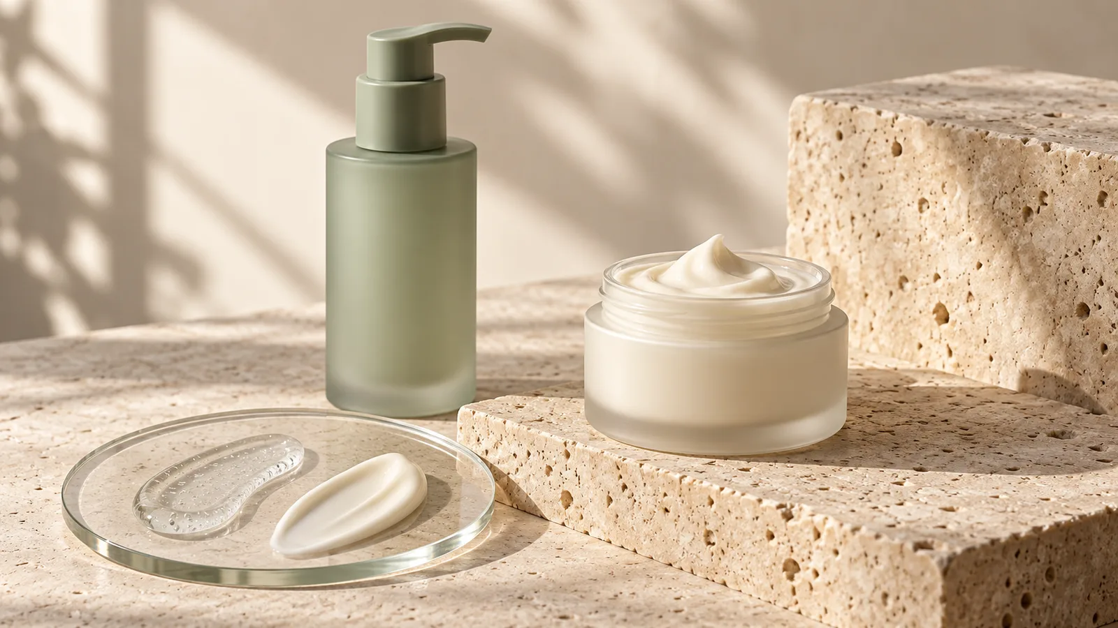 Skincare bottle and cream jar beside gel and lotion texture swatches on glass