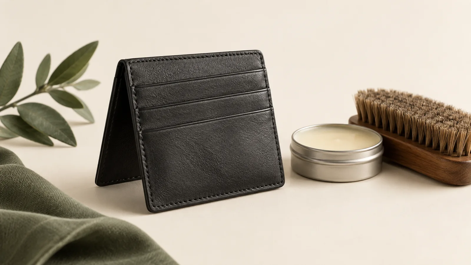 Charcoal leather wallet, shoe care tin and brush with controlled studio lighting